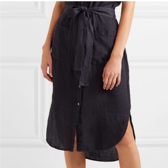 Standard James Sperse Navy Blue 100% Linen Button Front Tie Waist Shirt Dress XS - Picture 3 of 16